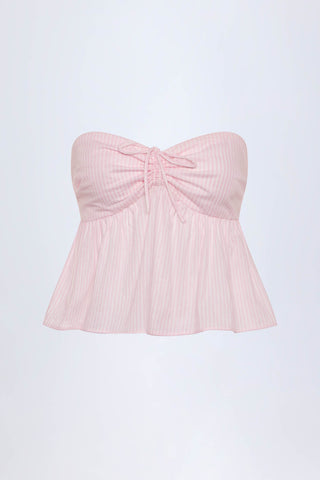 Tie-Front Strapless Cotton-Poplin Crop Top in Pink White Stripe
