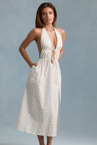 Backless Cotton-Poplin Midaxi Dress in Rose Print