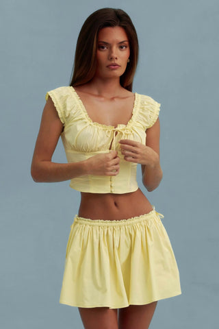 Ruched Cotton-Poplin Corset Top in Lemon Yellow