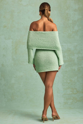 Bouclé Off-Shoulder Mini Dress in Mint