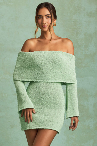 Bouclé Off-Shoulder Mini Dress in Mint