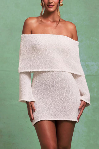 Bouclé Off-Shoulder Mini Dress in White