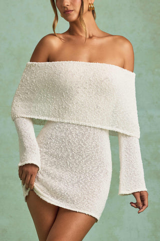 Bouclé Off-Shoulder Mini Dress in White