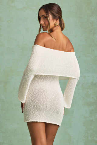 Bouclé Off-Shoulder Mini Dress in White