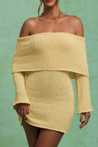 Bouclé Off-Shoulder Mini Dress in Yellow