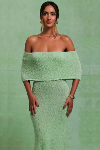 Bouclé Off-Shoulder Maxi Dress in Mint