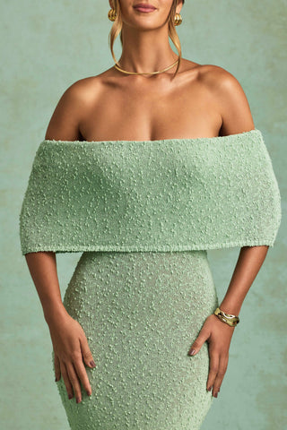 Bouclé Off-Shoulder Maxi Dress in Mint
