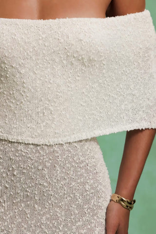 Bouclé Off-Shoulder Maxi Dress in White