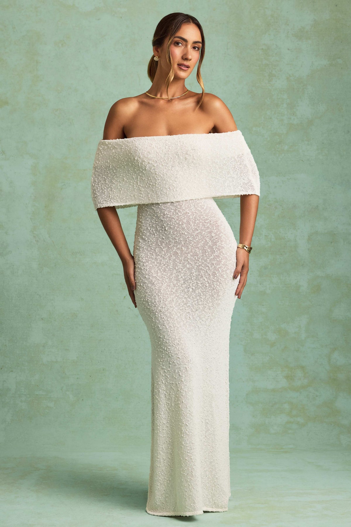 Bouclé Off-Shoulder Maxi Dress in White