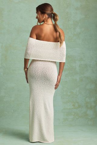 Bouclé Off-Shoulder Maxi Dress in White