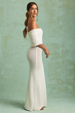 Bouclé Off-Shoulder Maxi Dress in White