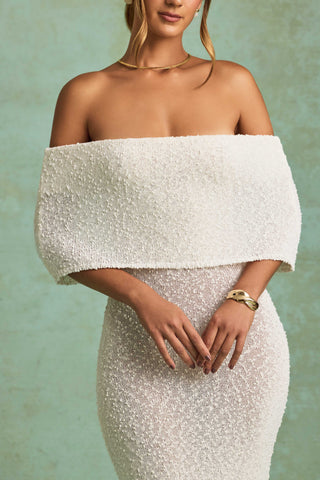 Bouclé Off-Shoulder Maxi Dress in White