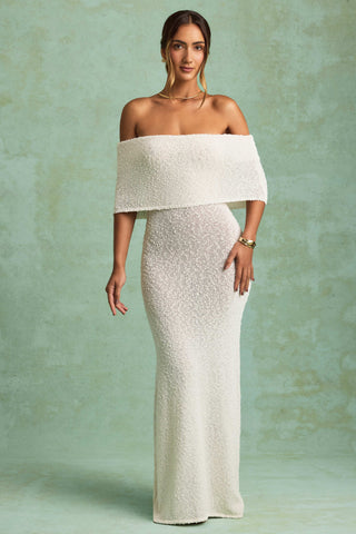Bouclé Off-Shoulder Maxi Dress in White