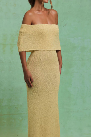 Bouclé Off-Shoulder Maxi Dress in Yellow