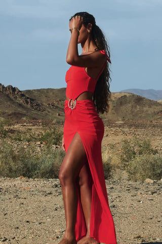 Textured Jersey Asymmetric Maxi Dress in Chilli Red