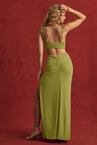 Textured Jersey Asymmetric Maxi Dress in Olive Green