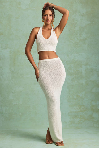 Bouclé Mid-Rise Maxi Skirt in White