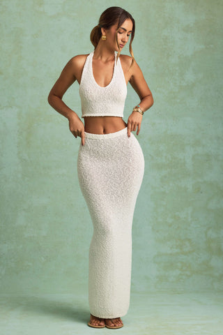 Bouclé Mid-Rise Maxi Skirt in White