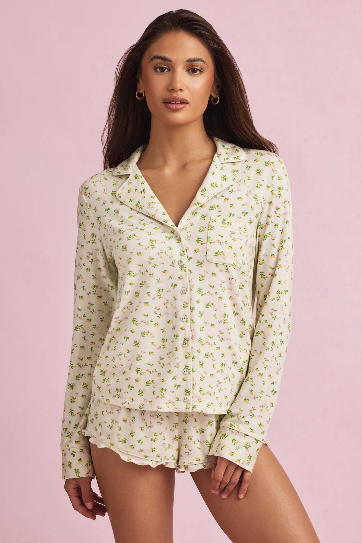 Modal Long-Sleeve Pyjama Top in Lemon Print