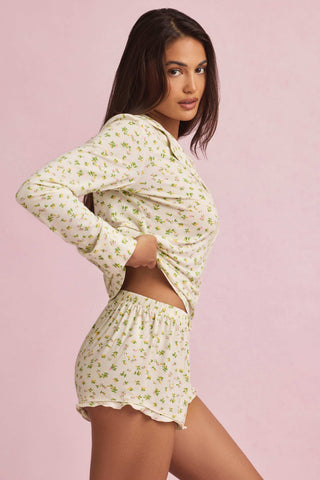 Modal Ruffle-Trim Pyjama Shorts in Lemon Print