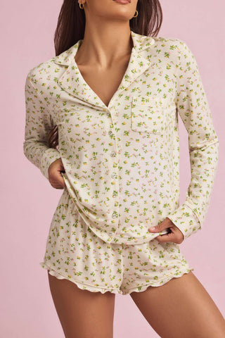 Modal Ruffle-Trim Pyjama Shorts in Lemon Print