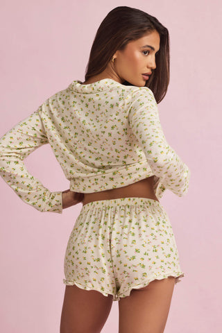 Modal Ruffle-Trim Pyjama Shorts in Lemon Print