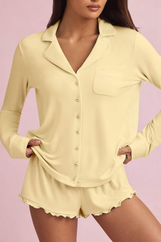 Modal Ruffle-Trim Pyjama Shorts in Pastel Yellow