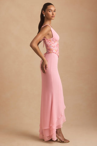 Embellished Plunge Ruffled Corset Maxi Dress in Pink