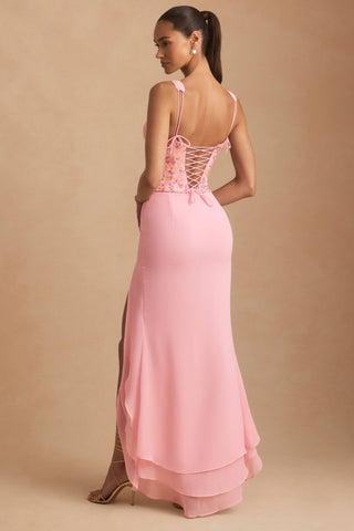 Embellished Plunge Ruffled Corset Maxi Dress in Pink