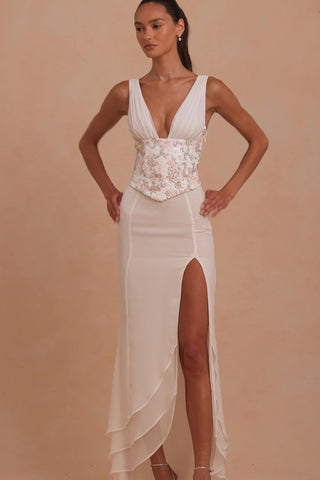 Embellished Plunge Ruffled Corset Maxi Dress in Ivory