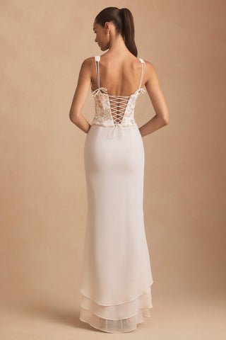 Embellished Plunge Ruffled Corset Maxi Dress in Ivory