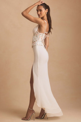 Embellished Plunge Ruffled Corset Maxi Dress in Ivory