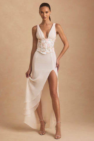 Embellished Plunge Ruffled Corset Maxi Dress in Ivory