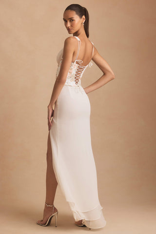 Embellished Plunge Ruffled Corset Maxi Dress in Ivory