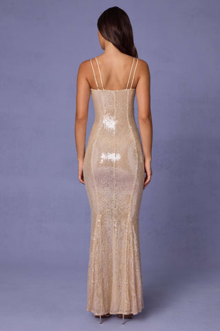 Embellished Square Neck Lace Gown in Pale Peach