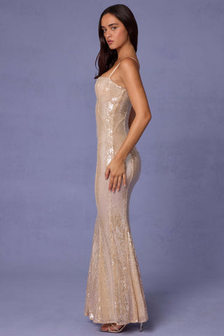 Embellished Square Neck Lace Gown in Pale Peach