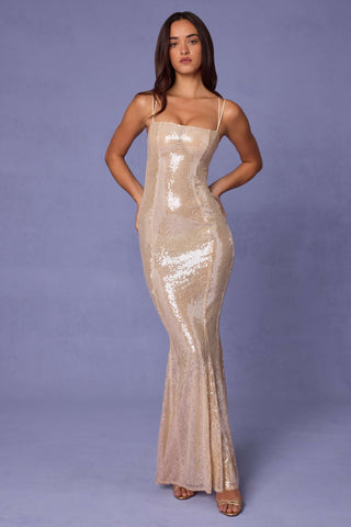 Embellished Square Neck Lace Gown in Pale Peach