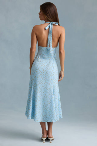 Halterneck Midaxi Dress in Blue Flower Print