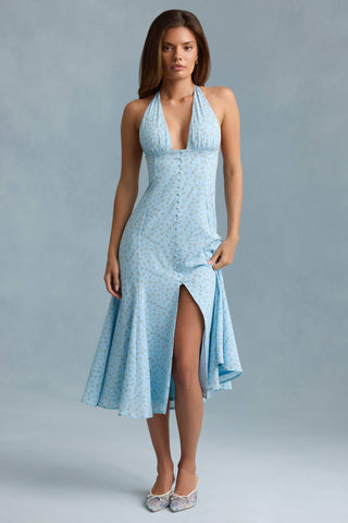 Halterneck Midaxi Dress in Blue Flower Print