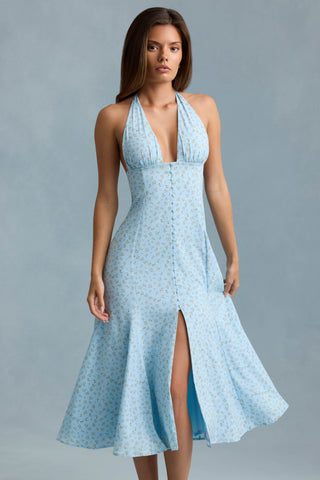 Halterneck Midaxi Dress in Blue Flower Print