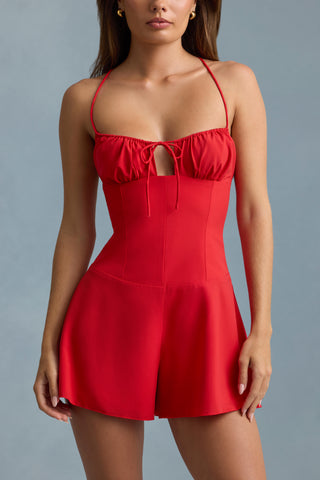 Ruched Backless Playsuit in Scarlet Red