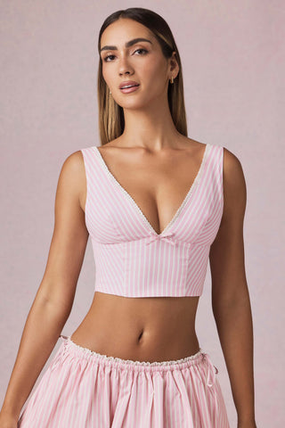 Bow-Detail Crop Top in Soft Mauve Stripe