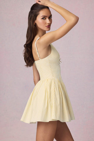 Bow-Detail A-Line Mini Dress in Lemon Yellow Stripe