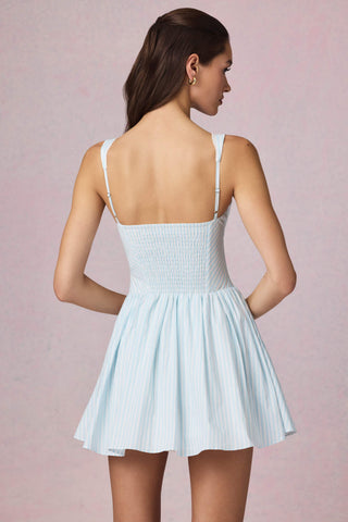 Bow-Detail A-Line Mini Dress in Powder Blue Stripe