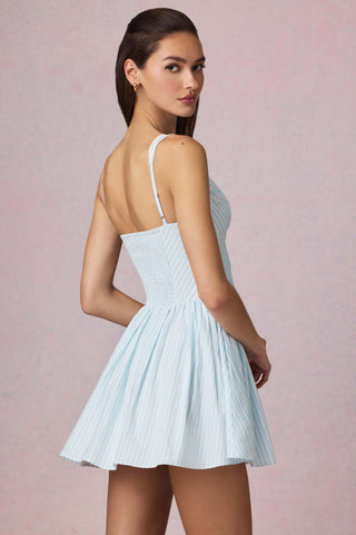 Bow-Detail A-Line Mini Dress in Powder Blue Stripe