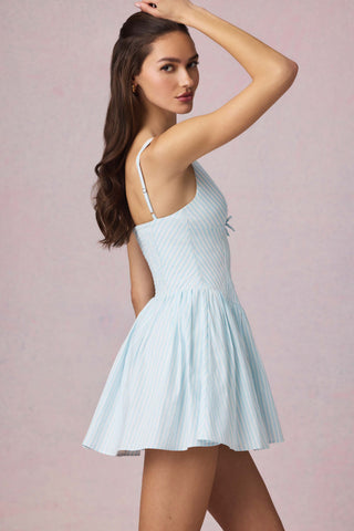 Bow-Detail A-Line Mini Dress in Powder Blue Stripe