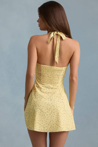 Halterneck A-Line Mini Dress in Yellow Flower Print