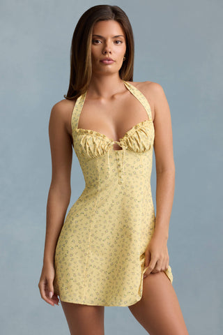 Halterneck A-Line Mini Dress in Yellow Flower Print