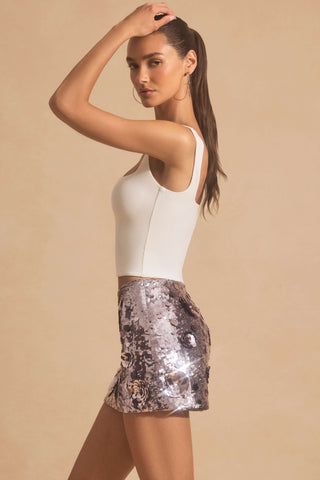 Sequin-Embellished Mini Skirt in Silver
