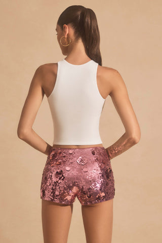 Sequin-Embellished Mini Shorts in Pink